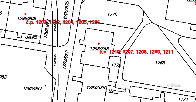 Řepy 1207,1208,1209,1210,, Praha na parcele st. 1293/388 v KÚ Řepy, Katastrální mapa