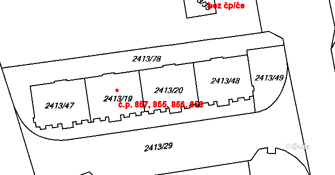 Hostivař 855,856,857,858, Praha na parcele st. 2413/20 v KÚ Hostivař, Katastrální mapa