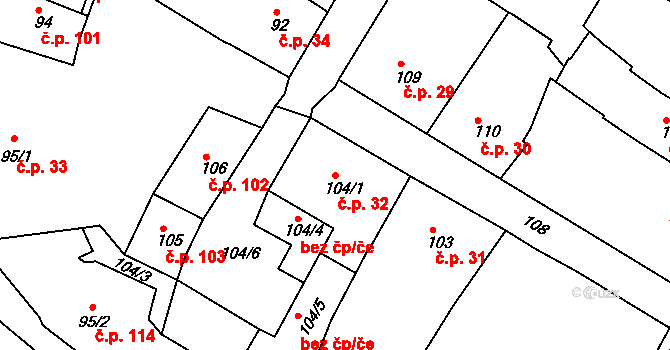 Bílina 32 na parcele st. 104/1 v KÚ Bílina, Katastrální mapa