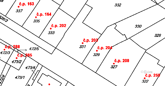 Prštice 203 na parcele st. 331 v KÚ Prštice, Katastrální mapa