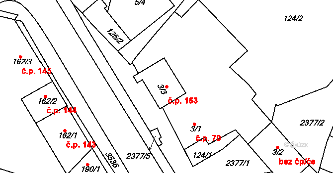 Rosice 153 na parcele st. 3/3 v KÚ Rosice u Brna, Katastrální mapa