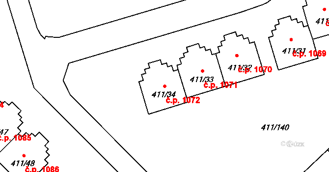 Ráj 1072, Karviná na parcele st. 411/34 v KÚ Ráj, Katastrální mapa