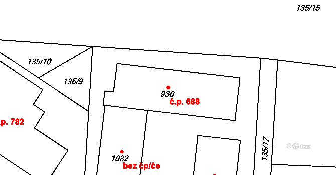 Horoměřice 688 na parcele st. 930 v KÚ Horoměřice, Katastrální mapa