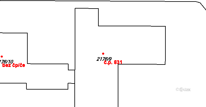 Skvrňany 831, Plzeň na parcele st. 2176/9 v KÚ Skvrňany, Katastrální mapa