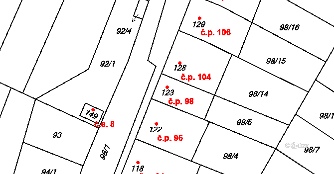 Žešov 98, Prostějov na parcele st. 123 v KÚ Žešov, Katastrální mapa
