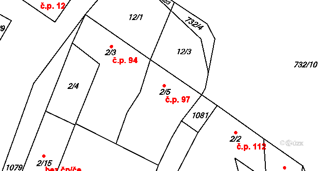 Konárovice 97 na parcele st. 2/5 v KÚ Konárovice, Katastrální mapa