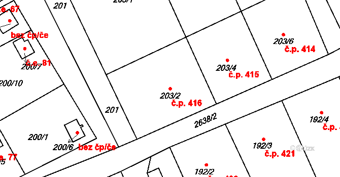Prostřední Suchá 416, Havířov na parcele st. 203/2 v KÚ Prostřední Suchá, Katastrální mapa