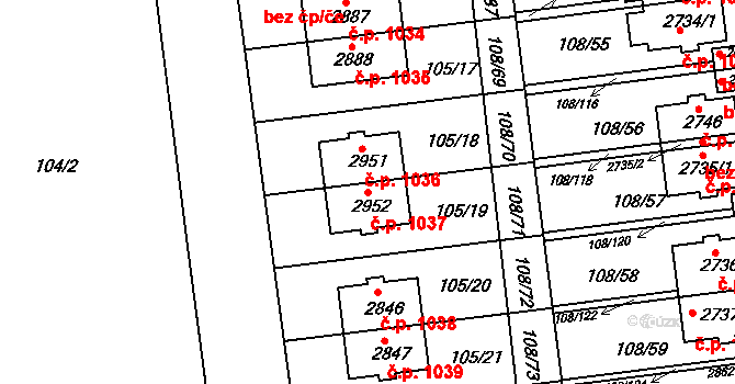 Slezské Předměstí 1037, Hradec Králové na parcele st. 2952 v KÚ Slezské Předměstí, Katastrální mapa