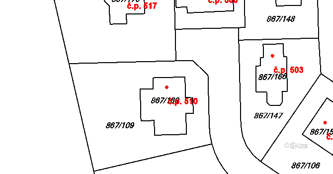 Hřebeč 510 na parcele st. 867/169 v KÚ Hřebeč, Katastrální mapa