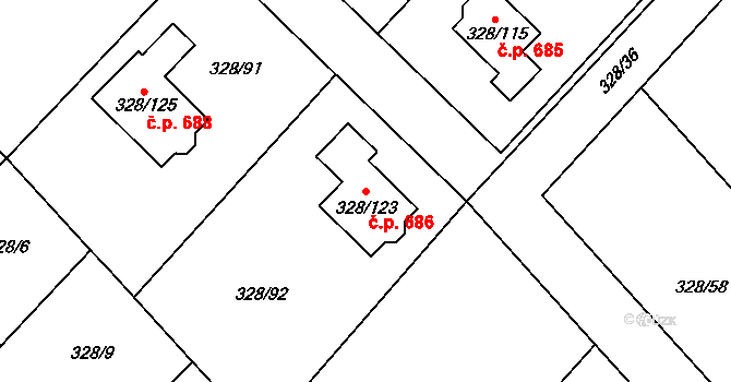 Krmelín 686 na parcele st. 328/123 v KÚ Krmelín, Katastrální mapa