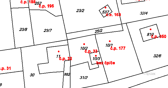 Chocerady 33 na parcele st. 10/2 v KÚ Chocerady, Katastrální mapa