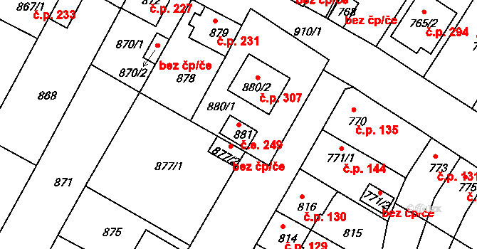 Bystřany 249 na parcele st. 881 v KÚ Bystřany, Katastrální mapa