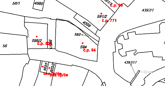 Valašské Klobouky 94 na parcele st. 594 v KÚ Valašské Klobouky, Katastrální mapa