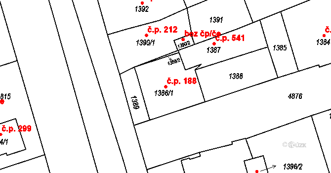 Litomyšlské Předměstí 188, Vysoké Mýto na parcele st. 1386/1 v KÚ Vysoké Mýto, Katastrální mapa