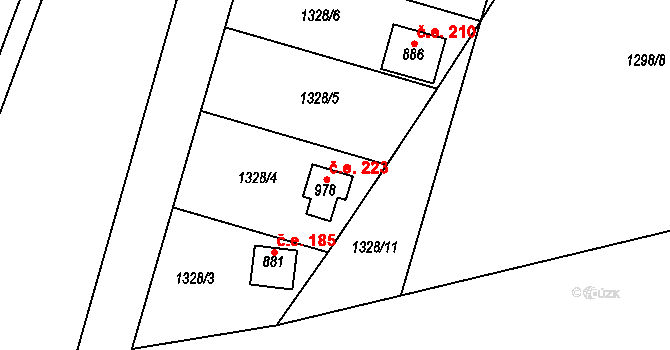 Kostelec nad Labem 223 na parcele st. 978 v KÚ Kostelec nad Labem, Katastrální mapa