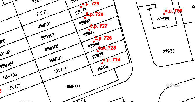 Hronov 725 na parcele st. 959/39 v KÚ Hronov, Katastrální mapa