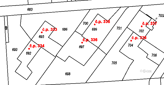 Postřelmov 336 na parcele st. 697 v KÚ Postřelmov, Katastrální mapa