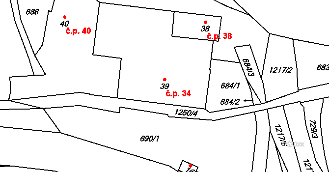 Těšovice 34 na parcele st. 39 v KÚ Těšovice u Prachatic, Katastrální mapa