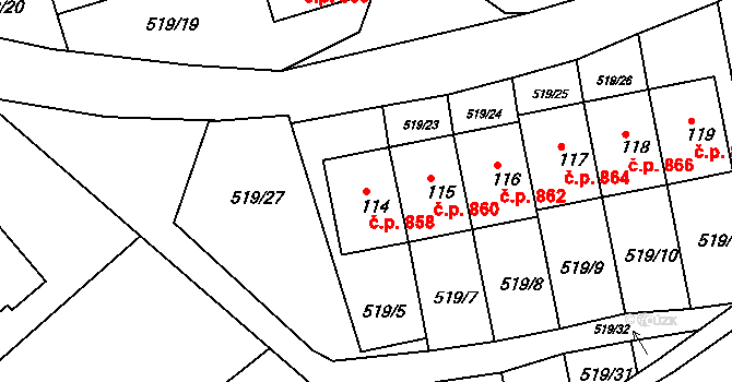 Bílovec 858 na parcele st. 114 v KÚ Radotín u Bílovce, Katastrální mapa