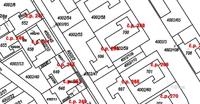 Brod nad Dyjí 264 na parcele st. 696 v KÚ Brod nad Dyjí, Katastrální mapa