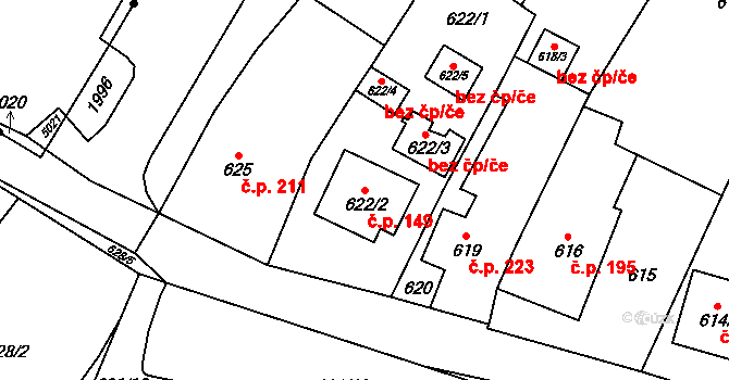 Hodonice 149 na parcele st. 622/2 v KÚ Hodonice, Katastrální mapa
