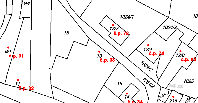 Střelice 33 na parcele st. 13 v KÚ Střelice u Jevišovic, Katastrální mapa