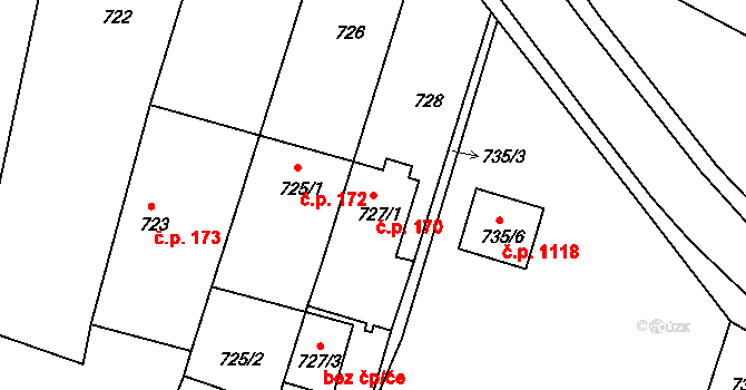 Stará Pohůrka 170, Srubec na parcele st. 727/1 v KÚ Srubec, Katastrální mapa