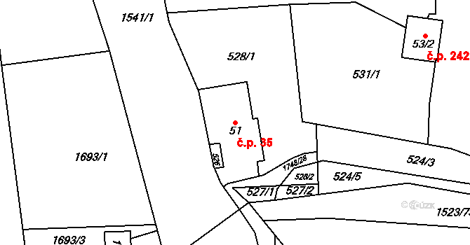 Rychaltice 35, Hukvaldy na parcele st. 51 v KÚ Rychaltice, Katastrální mapa