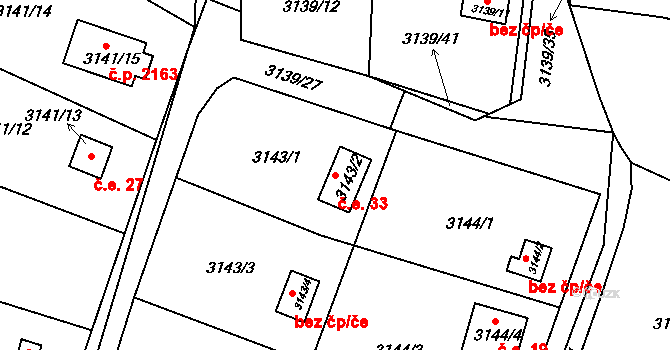 Benešov 33 na parcele st. 3143/2 v KÚ Benešov u Prahy, Katastrální mapa