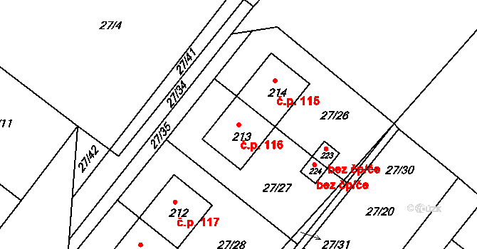 Branná 116, Třeboň na parcele st. 213 v KÚ Branná, Katastrální mapa