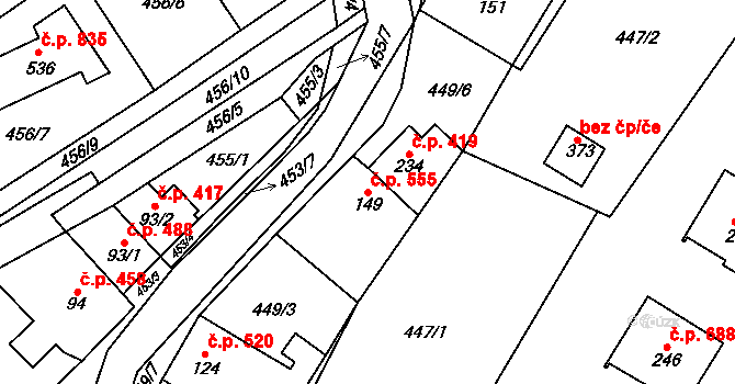 Chvalčov 555 na parcele st. 149 v KÚ Chvalčova Lhota, Katastrální mapa