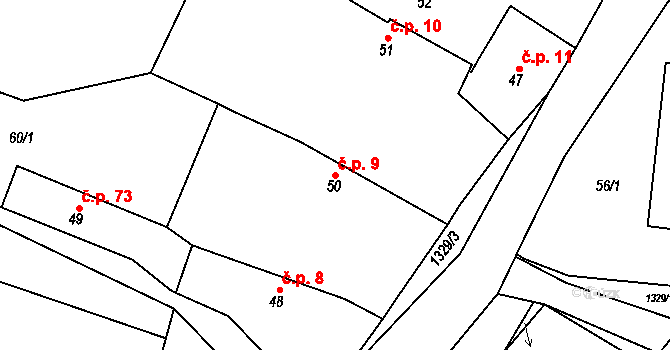 Hvožďany 9 na parcele st. 50 v KÚ Hvožďany, Katastrální mapa