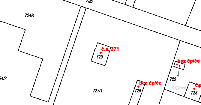 Hradištko 371 na parcele st. 725 v KÚ Hradištko u Sadské, Katastrální mapa
