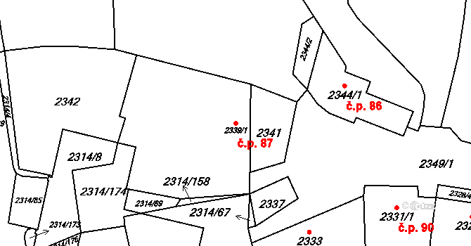 Řečkovice 87, Brno na parcele st. 2339/1 v KÚ Řečkovice, Katastrální mapa