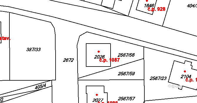 Pacov 1087 na parcele st. 2026 v KÚ Pacov, Katastrální mapa