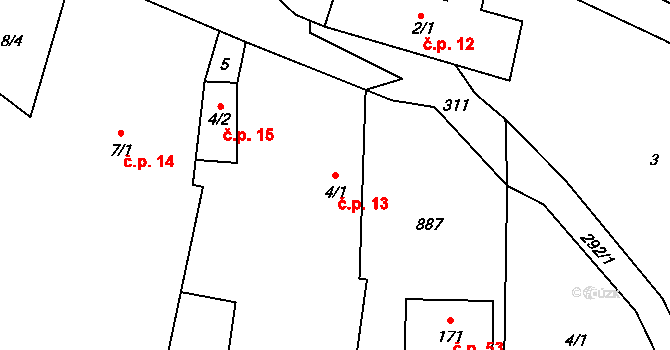 Olešnice 13 na parcele st. 4/1 v KÚ Olešnice nad Cidlinou, Katastrální mapa
