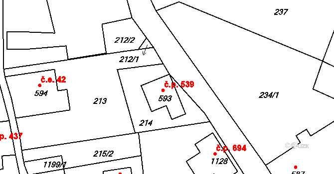 Starý Jiříkov 539, Jiříkov na parcele st. 593 v KÚ Jiříkov, Katastrální mapa