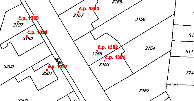 Horní Počernice 1382, Praha na parcele st. 3155 v KÚ Horní Počernice, Katastrální mapa