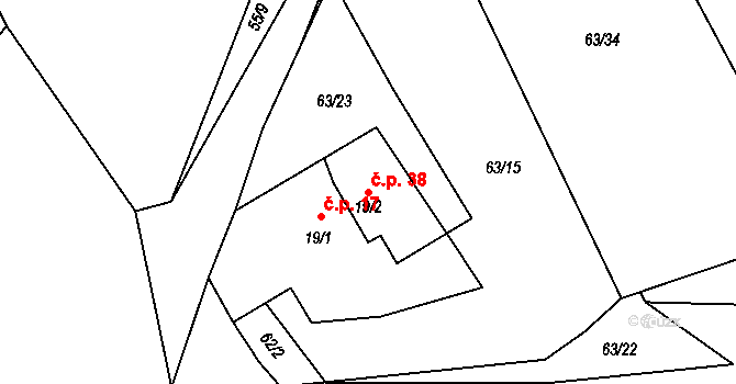 Horní Skrýchov 38 na parcele st. 19/2 v KÚ Horní Skrýchov, Katastrální mapa