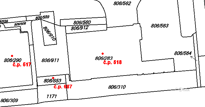Malešice 518, Praha na parcele st. 806/283 v KÚ Malešice, Katastrální mapa
