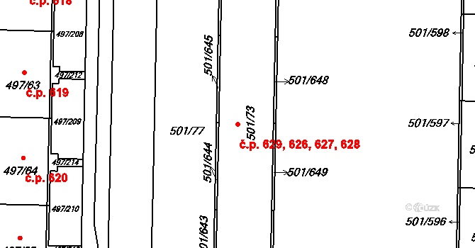 Ráj 626,627,628,629, Karviná na parcele st. 501/73 v KÚ Ráj, Katastrální mapa