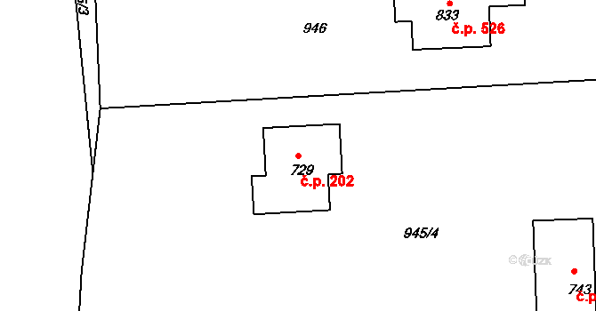 Bystřice 202 na parcele st. 729 v KÚ Bystřice u Benešova, Katastrální mapa