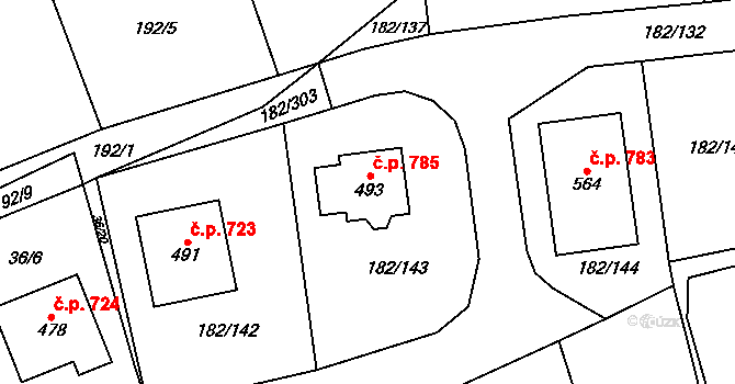 Velké Přílepy 785 na parcele st. 493 v KÚ Kamýk u Velkých Přílep, Katastrální mapa