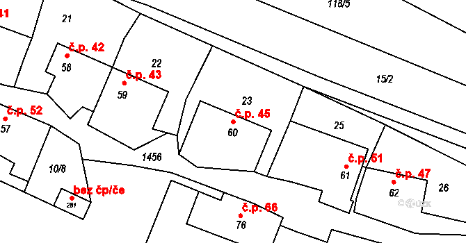 Petrovice 45 na parcele st. 60 v KÚ Petrovice u Třebíče, Katastrální mapa