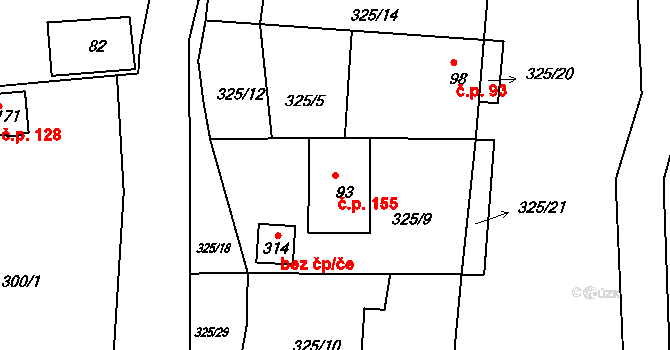 Kojetice 155 na parcele st. 93 v KÚ Kojetice na Moravě, Katastrální mapa