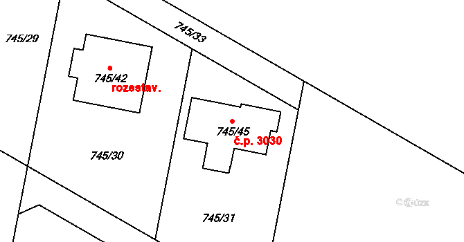 Milovice 3030 na parcele st. 745/45 v KÚ Milovice nad Labem, Katastrální mapa