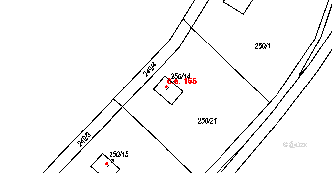 Tušimice 165, Kadaň na parcele st. 250/14 v KÚ Tušimice, Katastrální mapa