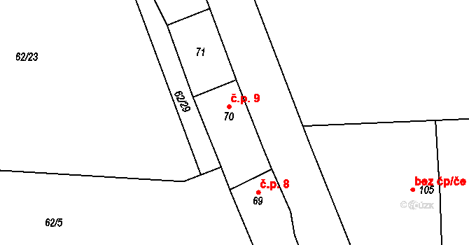 Lipá 9, Třebenice na parcele st. 70 v KÚ Mrsklesy, Katastrální mapa