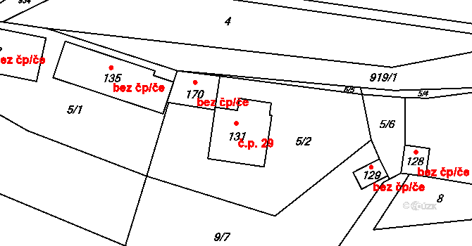 Divišovice 29, Sedlec-Prčice na parcele st. 131 v KÚ Divišovice, Katastrální mapa