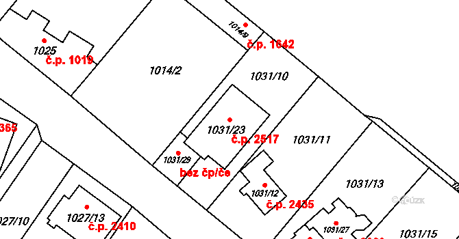 Předměstí 2517, Opava na parcele st. 1031/23 v KÚ Opava-Předměstí, Katastrální mapa